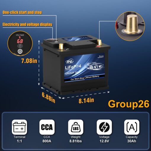 TPE Car Start Stop System BCI Group26 LiFePO4 Lithium-ion Battery 12.8V 800A Lightweight High Performance Battery Battery Level Display Left Negative Right Positive - Image 7