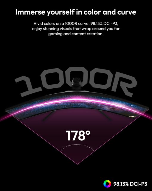 Pixio PXC348C Neo 34 inch 180Hz Refresh Rate UWQHD 1440p Ultrawide Resolution 1000R Curve Fast VA Panel 1ms Response Time USB-C Displayport 65W Charging AMD FreeSync Premium HDR Curved Gaming Monitor - Image 2