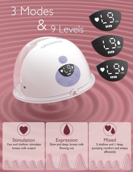 Momcozy M5 Hands-Free Wearable Breast Pump, Double-Sealed Flange for Baby-Like Comfort, 3 Modes & 9 Suction Levels, Portable Electric Pump – 24mm, 2 Pack Lilac - Image 5
