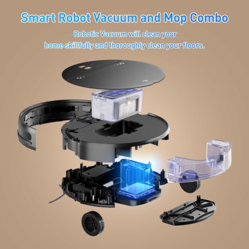 Robot Vacuum and Mop Combo, 2-in-1 Mopping Robot Vacuum Cleaner with 2300Pa Suction, 2.87'' Slim Design, Wi-Fi/App/Voice Control, 3D Obstacle Avoidance&Self-Charging for Hard Floors, Carpets, Pet Hair - Image 4