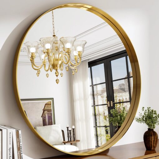 Easly 36 Inch Gold Round Bathroom Mirror - Wall Mounted Circle Mirror with Metal Frame, Modern Mirror Suitable for Bathroom, Vanity, Entryway, Living Room, Wall Decor