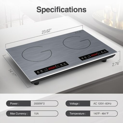 VBGK Double Induction Cooktop, 24 inch 4000W Electric cooktop with hot plate, induction stove top with LED Touch Screen 9 Levels Settings with Child Safety Lock & Timer 110V Induction cooktop 2 burner - Image 3