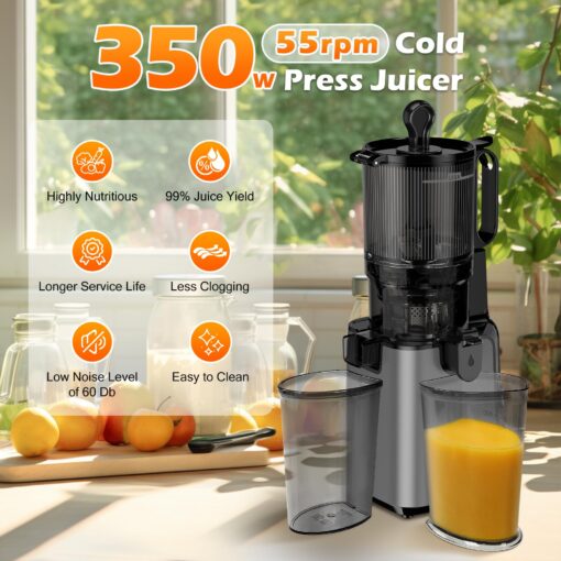 Cold Press Juicer, 6.1" Extra Large Feed Chute Juicer Machines for Whole Vegetables and Fruits, 350W Slow Masticating Juicer Machines Easy to Clean, High Juice Yield (Titanium Gray) - Image 4