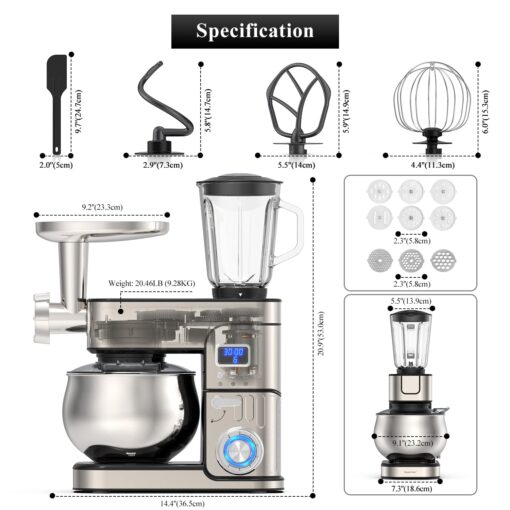 6-IN-1 Stand Mixer, LCD Display Kitchen Electric Mixer, 6.5QT Stainless Steel Bowl, Multi-Function Kitchen Blender With Dough Hook, Whisk, Beater, Meat Grinder, Splash Guard - Image 6