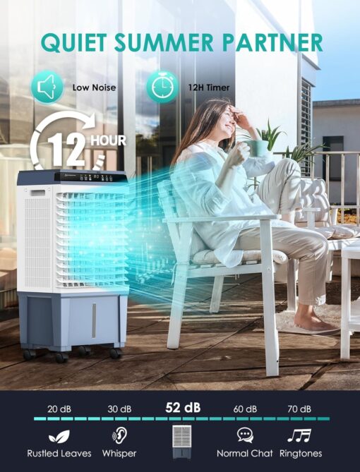 Air Choice Evaporative Air Cooler, 1800CFM Swamp Cooler with 12H Timer, 110° Oscillation, Remote Control & 5.3 Gal Water Tank, 3 Speeds, 4 Ice Packs, 3-in-1 Evaporative Cooler for Outdoor Indoor Use - Image 6