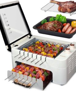 XHJ Indoor BBQ Kabob Skewers Grill,Smokeless Auto 360° Rotating Electric Barbecue Skewers Rotisserie,3 In 1 Indoor Electric Tabletop Grill with Removable Lid,Dual Zone Cooking