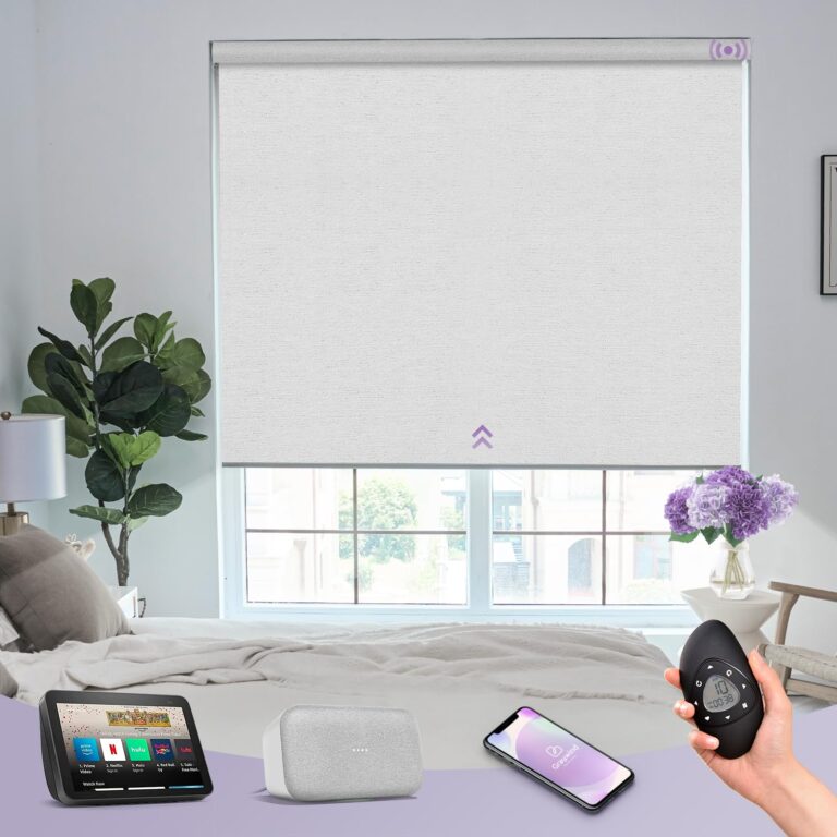 Graywind Smart Blackout Roller Shades Compatible with Alexa Google Textured Gleaming Fabric Rechargeable Motorized Blinds Cordless Remote Control Window Shades, Custom Size (Striped White)