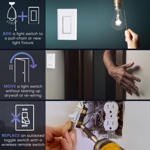 RunLessWire 3-Way Remote Light Switch Kit Wireless Battery-Free Self-Powered Kinetic DIY Wall Switch 150ft RF Range - 3 Way: 1 On/Off Receiver, 2 Switches - White - Image 8