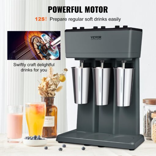 VEVOR Milkshake Maker, 375W x 3 Electric Milkshake Machine, Triple Heads Drink Mixer Blender Machine, 3-Speed Milkshake Mixer with 3 x 820 ml Stainless Steel Cups, for Commercial and Home - Image 10