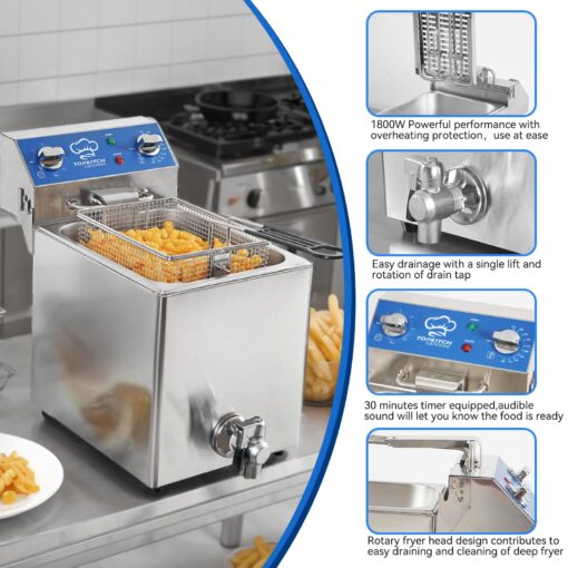 TOPKITCH 8.5Qt Electric Fryer with Oil Drain,30 Minutes Timer,Stretch forming oil tank,Lid and Solid Wire Mesh Basket,Medium Duty Commercial Electric Countertop Deep Fryers-120V,1800W - Image 4