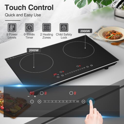 VBGK Double Induction Cooktop,4000W Induction Stove Top 110V Induction Hot Plate Electric Burner Portable Induction cooktop 2 burner with LCD Touch Screen 9 Levels Settings Child Safety Lock & Timer - Image 6