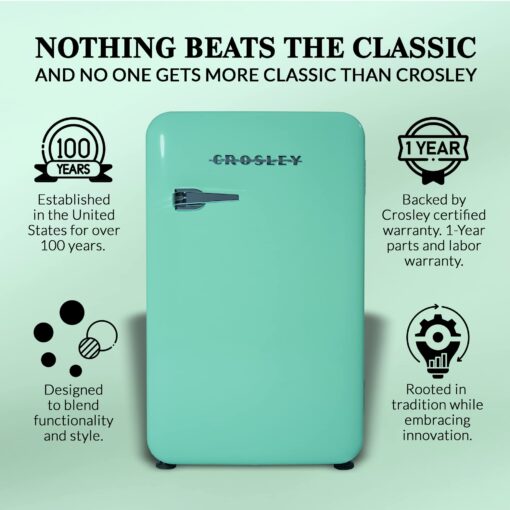 Crosley Retro Mini Fridge 3.2 Cu Ft Mint Green w/o Freezer, Compact Refrigerator for Bedroom, Garage, Office Under Desk, Undercounter, Apartment, School Dorm Fridge, Aesthetic, Small & Cute Appliances - Image 9