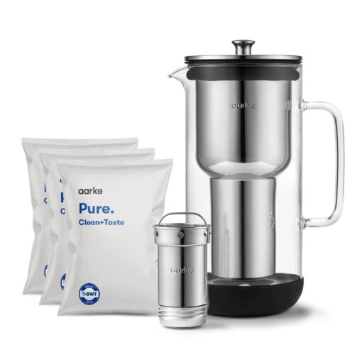 aarke Purifier Regular - 1.18 L Glass Water Filter Pitcher Bundle, Refillable Stainless Steel Filter, BPA-Free, Includes (3-Pack) Refill Pure Granules, Reduce Heavy Metals
