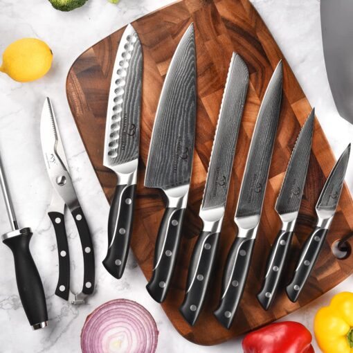 Damascus Kitchen Knife Sets, 9 Pieces Kitchen Knives Set with Block, ABS Ergonomic Handle for Chef Knife Set, Knife Sharpener and Kitchen Shears, Knife Block Set - Image 7