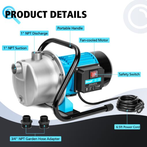 BOMGIE 1.5HP Portable Water Transfer Garden Pump,1200GPH Shallow Jet Well Pump,Draining Irrigation Lawn Fountain Booster Pump for Water Removal - Image 2