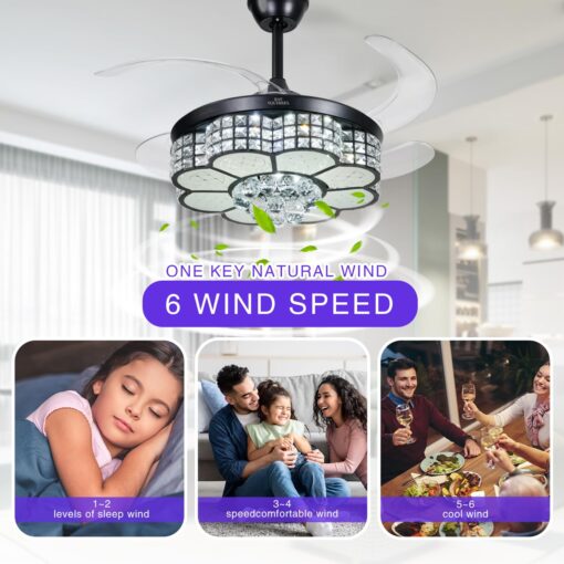 BAYSQUIRREL Retractable Crystal Ceiling Fan with Light, Bluetooth Ceiling Fans with Speaker and Remote/APP Control, 6 Speeds Reversible Blades, RGB-LED Dimmable Chandelier Ceiling Fan - Image 4