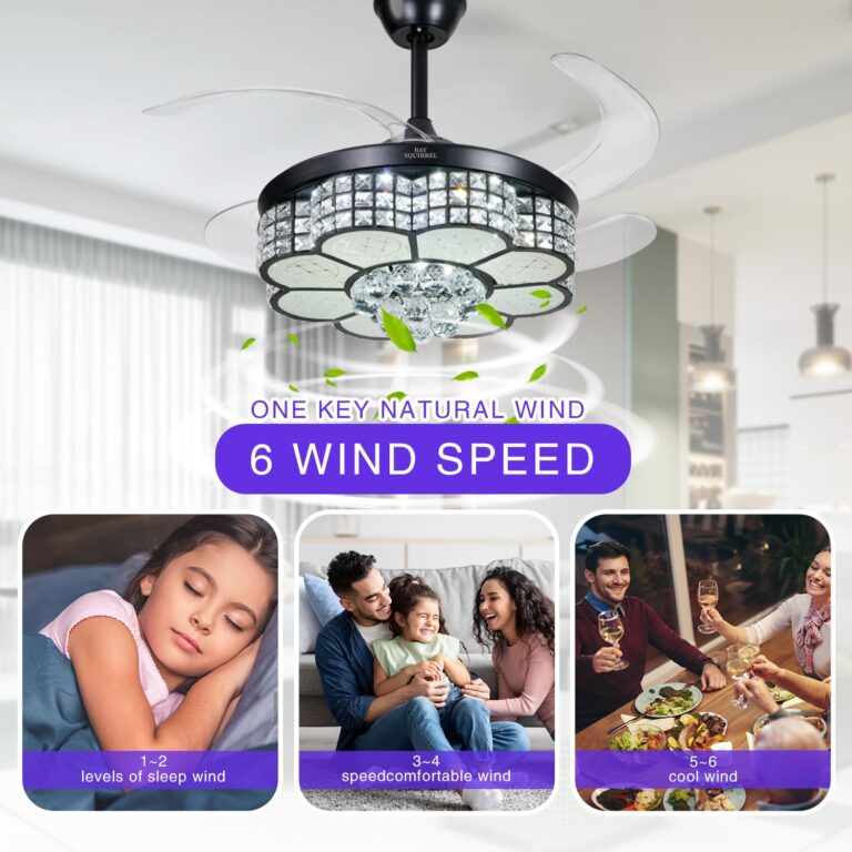 BAYSQUIRREL Retractable Crystal Ceiling Fan with Light, Bluetooth Ceiling Fans with Speaker and Remote/APP Control, 6 Speeds Reversible Blades, RGB-LED Dimmable Chandelier Ceiling Fan - Image 4