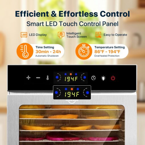 Commercial Food Dehydrator Machine 18-Tray, 86-194℉ Temperature Control, 800W Fast Drying Dehydrater, Low Noise <45dB, 24H Timer, LED Display, Stainless Steel Dehydrator for Meat Jerky Beef Fruit Herb - Image 6