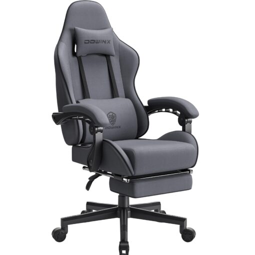 Dowinx Gaming Chair Fabric with Pocket Spring Cushion, Massage Game Chair Cloth with Headrest, Ergonomic Computer Chair with Footrest 290LBS, Grey