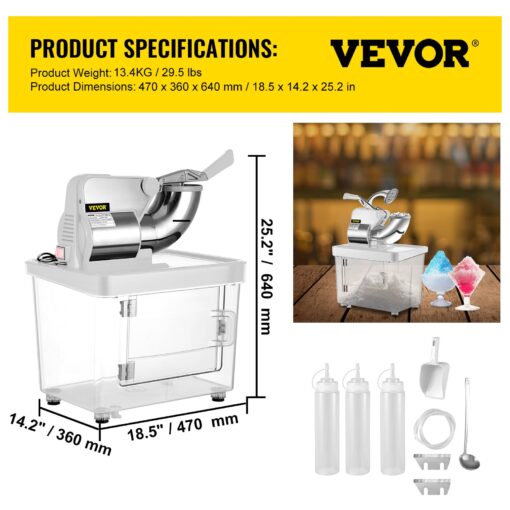 VEVOR 110V Commercial Ice Crusher 661LBS/H, ETL Approved 300W Electric Snow Cone Machine with Dual Blades, Stainless Steel Shaved Ice Machine with Safety On/Off Switch for Family, Restaurants, Bars - Image 8