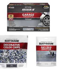 Rust-Oleum 293513 Rocksolid Polycuramine Garage Oil Floor Coating, 2.5 Car Kit, Gray & 301359 Decorative Color Chips, Gray Blend, 1lb(454g) & Oil 279847 EPOXYShield Anti Skid 3.4-Ounce