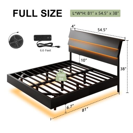 Feonase Floating Bed Frame Full with Led Lights and Charging Station, Wood Full Size Bed Frame with Storage Headboard, Heavy Duty Metal Slats, No Box Spring Needed, Easy Assembly, Noise-Free, Black - Image 8
