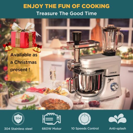 COOKLEE 6-IN-1 Stand Mixer, 8.5 Qt. Multifunctional Electric Kitchen Mixer with Beater, Whisk, Dough Hook, Meat Grinder and Other Accessories for Most Home Cooks, SM-1507BM, Silvery - Image 3