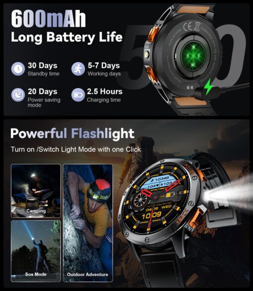 LIGE GPS Military Smart Watch for Men, LED Flashlight/Compass/45 Days Battery/IP68 Waterproof 1.43'' AMOLED Smartwatch, 100+ Sports Modes Fitness Tracker, Rugged Smart Watches for Android iOS - Image 8