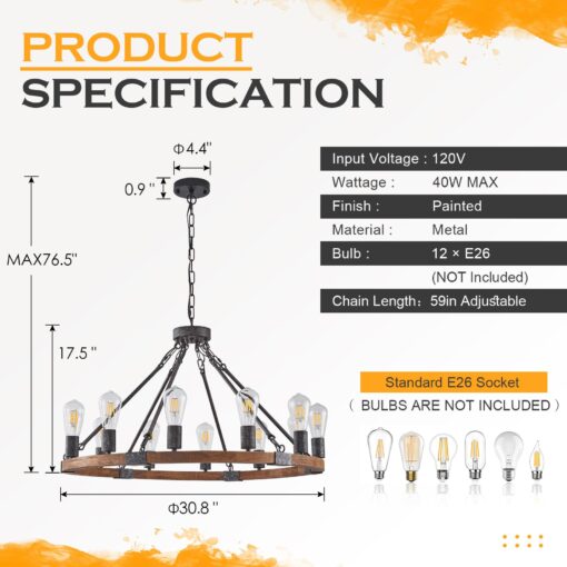 Benkut Farmhouse Wagon Wheel Chandelier 31" Black Rustic Light Fixtures 12-Light Wood Round Chandelier for Dining Room Living Room Entryway Foyer - Image 7