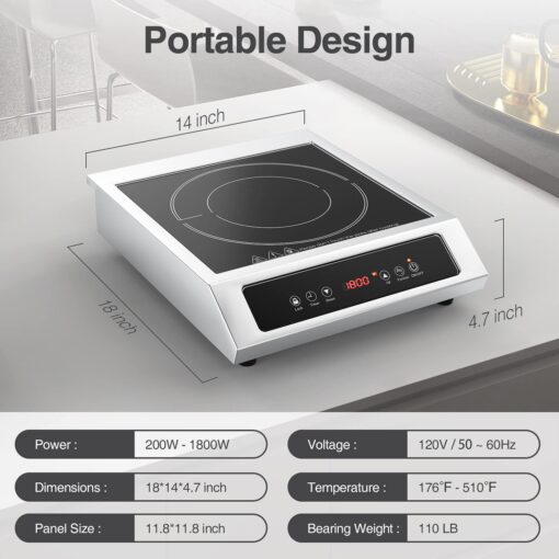 Commercial Induction Cooktop Portable Burner 1800W,ANHANE Induction Hot Plate,Electric for Cooking Countertop Stainless Steel, 9 Temp Levels,3 Hours Timer,Auto-Shut-Off,Touch Panel,Child Safety Lock - Image 3
