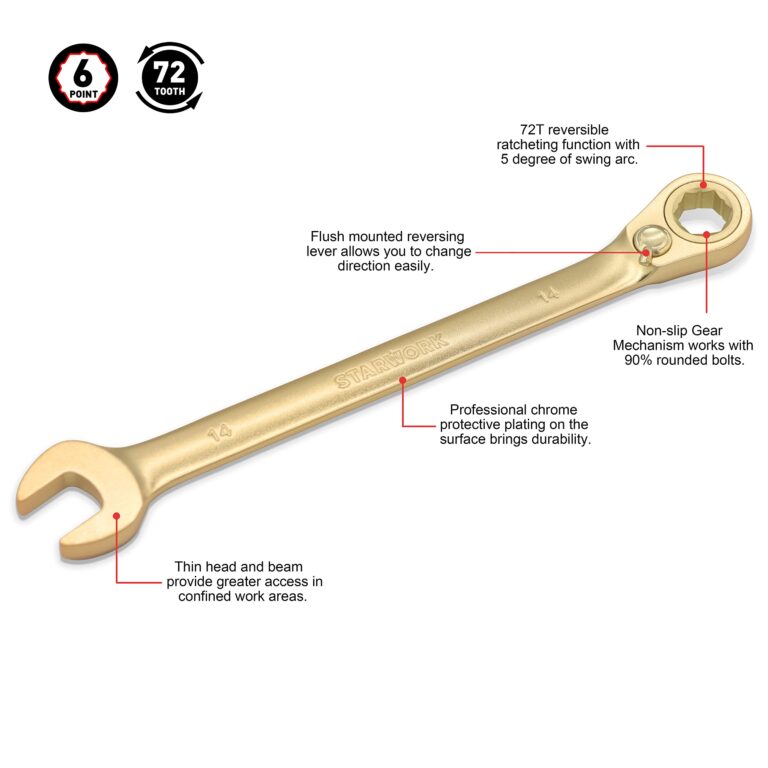 STARWORK 20 Pc. 6-Point SAE, Metric 15° Offset Vintage G-Plating Reversible Non-Slip Long Pattern Ratcheting Combination Wrench Set (5/16" -3/4" & 8-19 mm) - Image 4