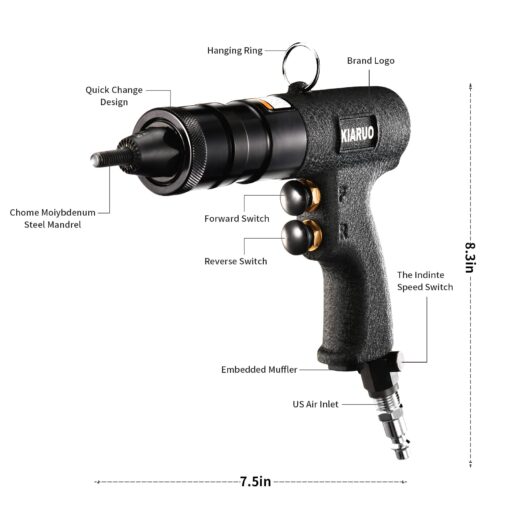 KIARUO Pneumatic Rivet Nut Gun 8-32,10-24,1/4-20 with Replacement Mandrels, RPM 1500 Industrial Grade Pull Rivnut Gun MODEI:LM08 Button Switch - Image 6