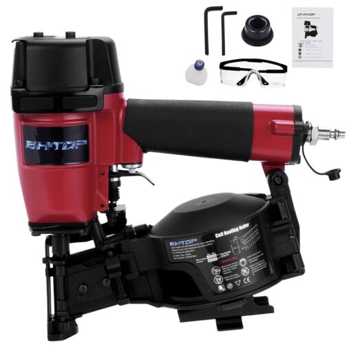 BHTOP CN45N Roofing Nailer, 15 Degree Roofing Nail Gun, 3/4-Inch to 1-3/4-Inch Coil Nails, 120-pcs Load Capacity Coil Nailer in Red