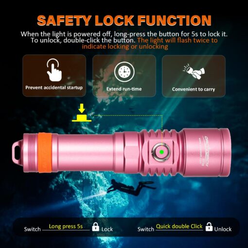 ORCATORCH D710 Scuba Diving Light, 3000 Lumens Super Bright Underwater Flashlight with 6 Degrees Narrow Beam, IP68 Waterproof Night Dive Torch 150 Meters Submersible Light (Pink) - Image 4