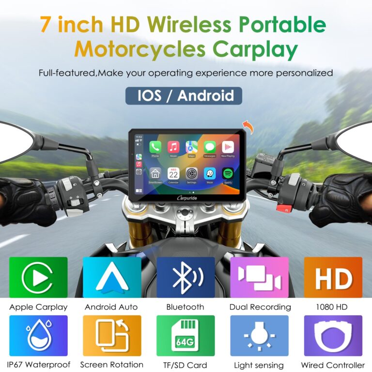Carpuride W712D Motorcycle Carplay Screen with HD 1080P Dual Dash Cam, Wireless Car Play and Android Auto, 7" Waterproof Rotatable Navigation Touchscreen, Loop Recording, Bluetooth, Wired Controller - Image 9