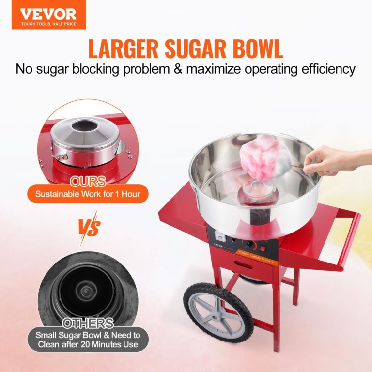 VEVOR Electric Cotton Candy Machine with Cart, 1000W Commercial Candy Floss Maker with Stainless Steel Bowl, Sugar Scoop and Drawer, Perfect for Home, Kids Birthday, Family Party, Red - Image 9