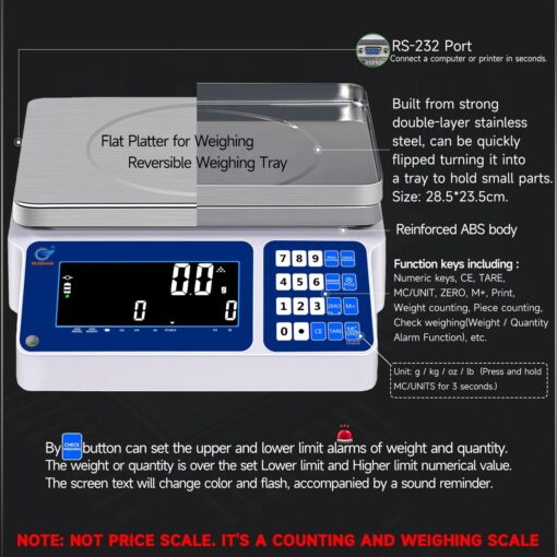 RUISHAN Lab Industrial Counting Scales 30kg/0.5g | 66lb/0.0011lb Accuracy Electronic Digital Gram Weighing Scale for Parts and Coins with Rs232 for Computer Or Printer | with Alarm - Image 6