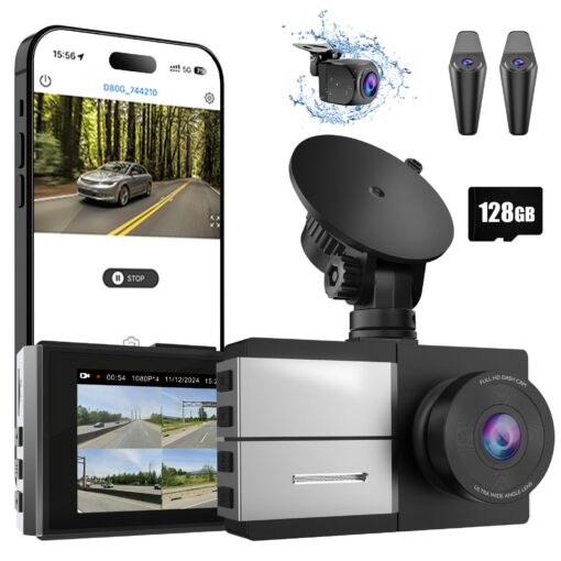 Sprleaf 4-Channel Dash Cam, 360° Dashcam with Front and Rear Cameras,128GB Card Included, 5G Wi-Fi and App Control, Night Vision, WDR, 24-Hour Parking Mode, Collision Detection