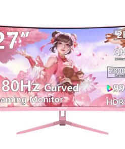 Raywego Pink 27 inch Curved Gaming Monitor 180Hz,QHD 1080P,1800R LED Display,Pink Computer Monitor,1ms (MPRT),FreeSync,Eye-Care Technology, DP, HDMI Port for Gaming Home Office,VESA(100mm*100mm)