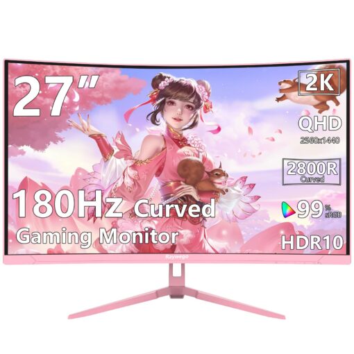 Raywego Pink 27 inch Curved Gaming Monitor 180Hz,QHD 1080P,1800R LED Display,Pink Computer Monitor,1ms (MPRT),FreeSync,Eye-Care Technology, DP, HDMI Port for Gaming Home Office,VESA(100mm*100mm)