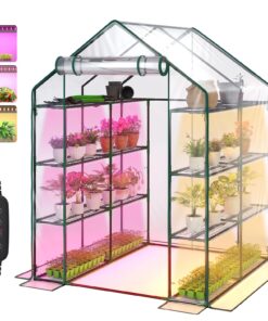 Bstrip Walk In Greenhouse, Indoor Greenhouse with Grow Lights, Mini Indoor Greenhouse with Roll-Up Zipper Entry Door and PVC Cover, Dimmable 2FT 120W Plant Light with Timer (56.3"W X 56.3"L X 76.8"H )