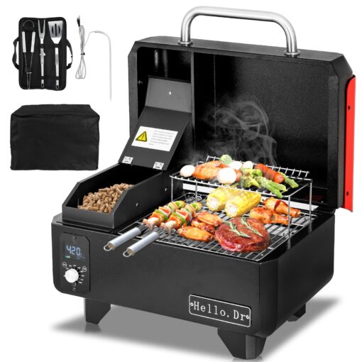 Hello.Dr Portable Wood Pellet Grill and Smoker,Electric Outdoor 8 in 1 Tabletop Grills for RV Camping Tailgating RV Cooking BBQ, Intelligent Temperature Control and Superheated Steam Technology,Red