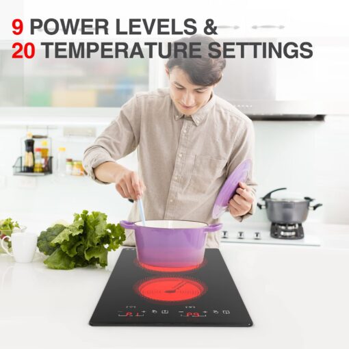 Electric Cooktop 2 Burners 2100W, 110v Electric Stove Top 12 inch, Independent Control 20 Temperature Ranges 9 Power Levels Induction Cooktop, All Kinds of Cookwares - Image 2