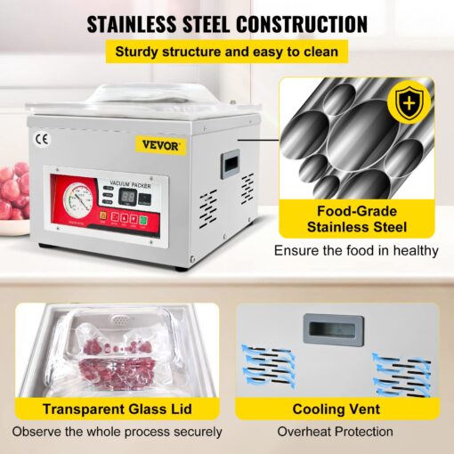 VEVOR Chamber Vacuum Sealer, DZ-260A 6.5 cbm/h Pump Rate, Excellent Sealing Effect with Automatic Control, 110V/60Hz Professional Foods Packaging Machine Used for Fresh Meats (260W) - Image 6