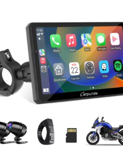 Carpuride W712D Motorcycle Carplay Screen with HD 1080P Dual Dash Cam, Wireless Car Play and Android Auto, 7" Waterproof Rotatable Navigation Touchscreen, Loop Recording, Bluetooth, Wired Controller
