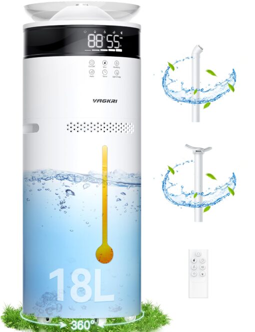 VAGKRI Humidifiers for Large Room, 18L Ultrasonic Cool Mist Humidifier for Home 2000 sq ft, 5 Mist Levels, Auto Mode, Whole House Humidifiers with 2 Extended Tube Quiet Humidifiers for Baby Home Plant