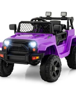 OLAKIDS Kids Ride On Truck, 12V Electric Vehicle Jeep Car with Remote Control, Toddlers Battery Powered Toy with 2 Speeds, Spring Suspension, Double Open Doors, LED Light, Music, TF, USB, Mp3 (Purple)