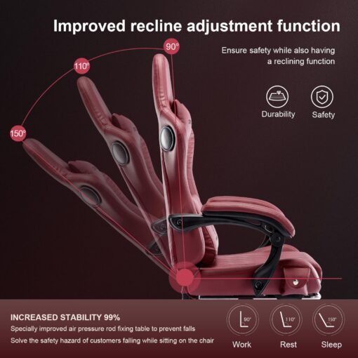 GTPLAYER Gaming Chair, Computer Chair with Footrest and Bluetooth Speakers, High Back Ergonomic Music Game Chair, Reclining Game Chair with Linkage Armrests for Adults and Kids (WineRed) - Image 4