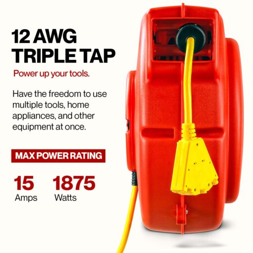 ReelWorks Extension Cord Reel Retractable 12AWG x 65' Foot 3C/SJT Heavy Duty Commercial Cable Triple Tap Connector Power 15A 125VAC 1875W - Image 7