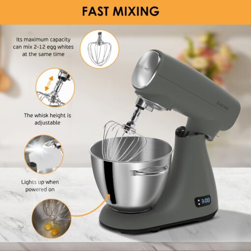 ZACME Mixers Kitchen Electric Stand Mixer 5.5QT 600W, Aluminum die casting and Gears, Dual Cooling System, Low Noise, DC Motor, LED Display and Timing Function, Tilt-head Metal Food Mixer, Grey - Image 4